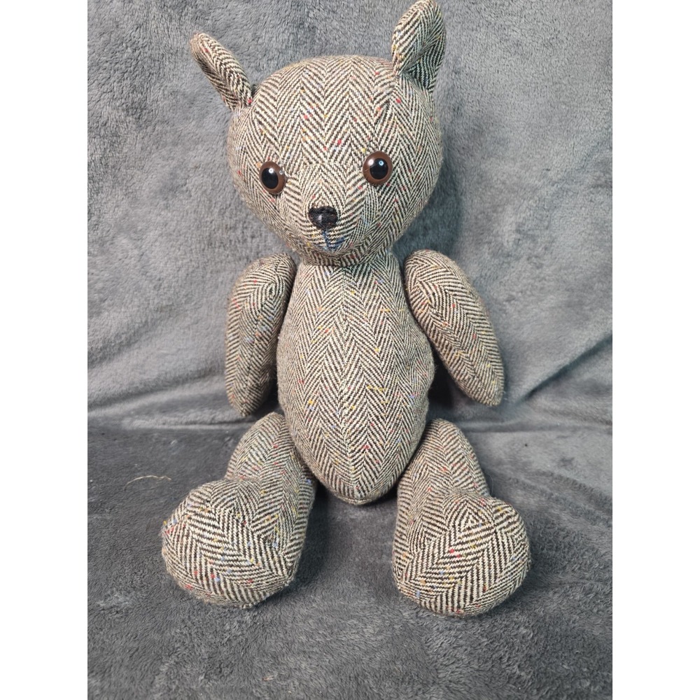 Vintage Tweed Teddy Bear Plush Herringbone Wool Fabric Fleck Stuffed Animal